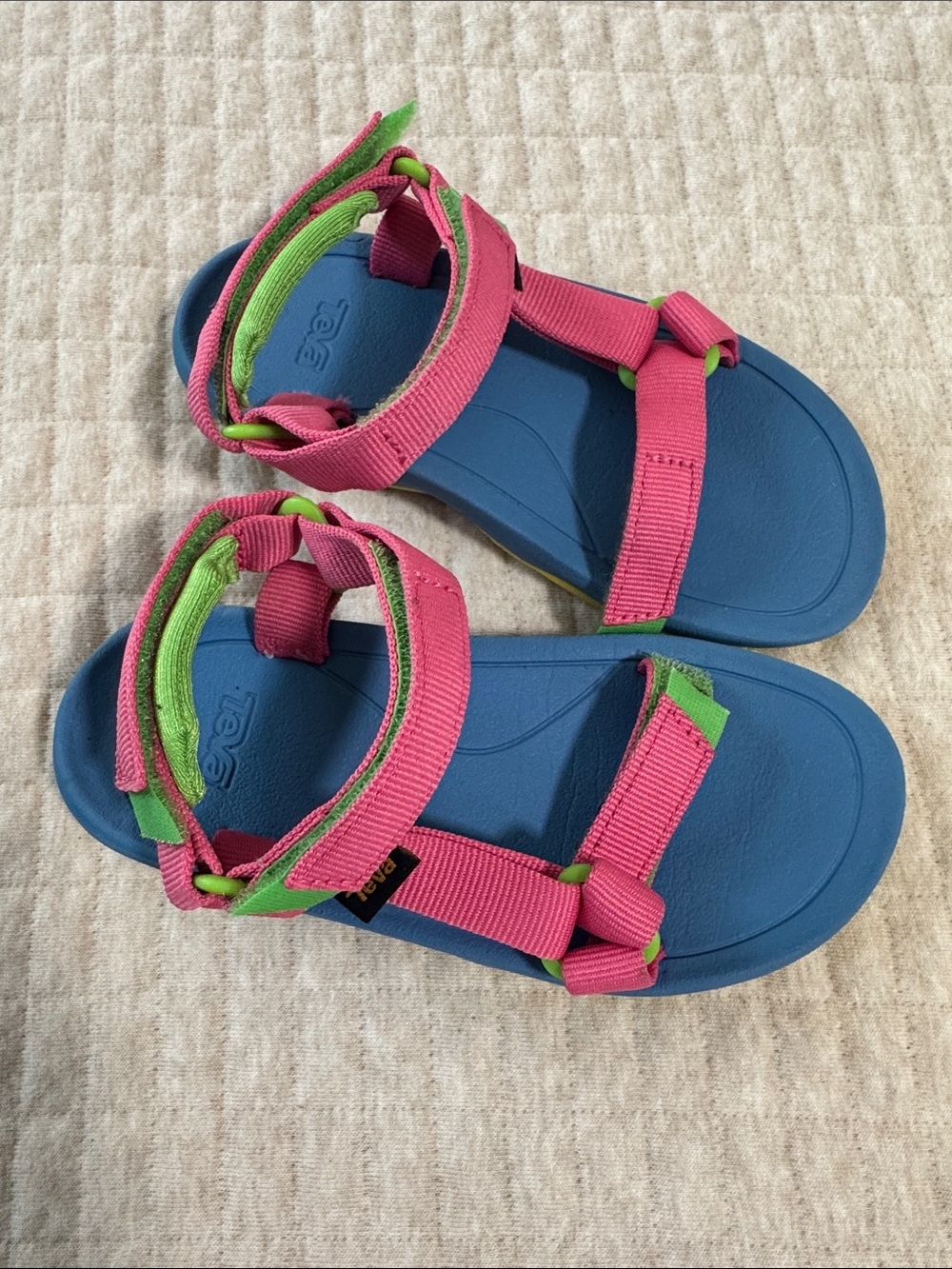Teva Kids Blue Footbed Sandals with Pink Straps and Green Trim